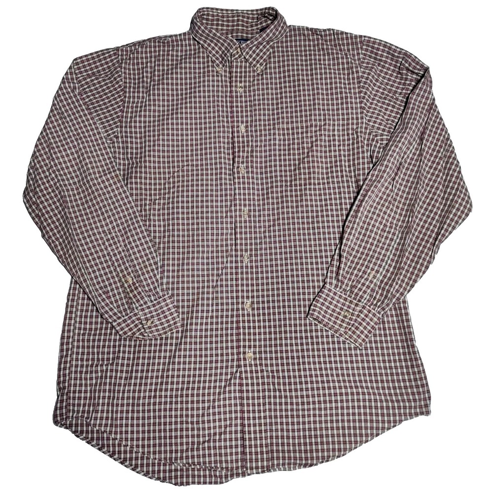 LANDS' END Men 16.5-36 Tall Brown‎ Pink Green Plaid Cotton Button-Up Shirt